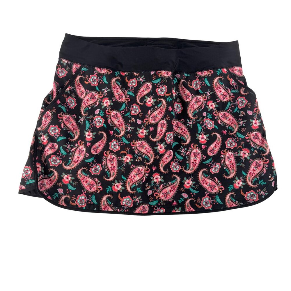 Land's End paisley print athleisure hiking golf skort pink black 90s sz 18